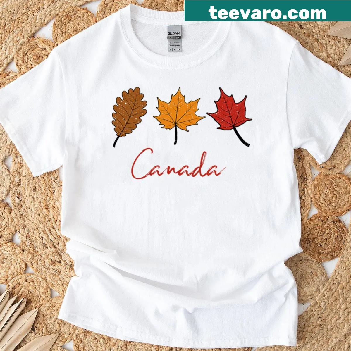 Autumn leaves design representing Canadian fall foliage — on a men's t-shirt