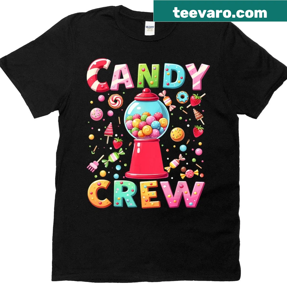 Candy-themed T-shirt suitable for Halloween festivities — on a men's t-shirt