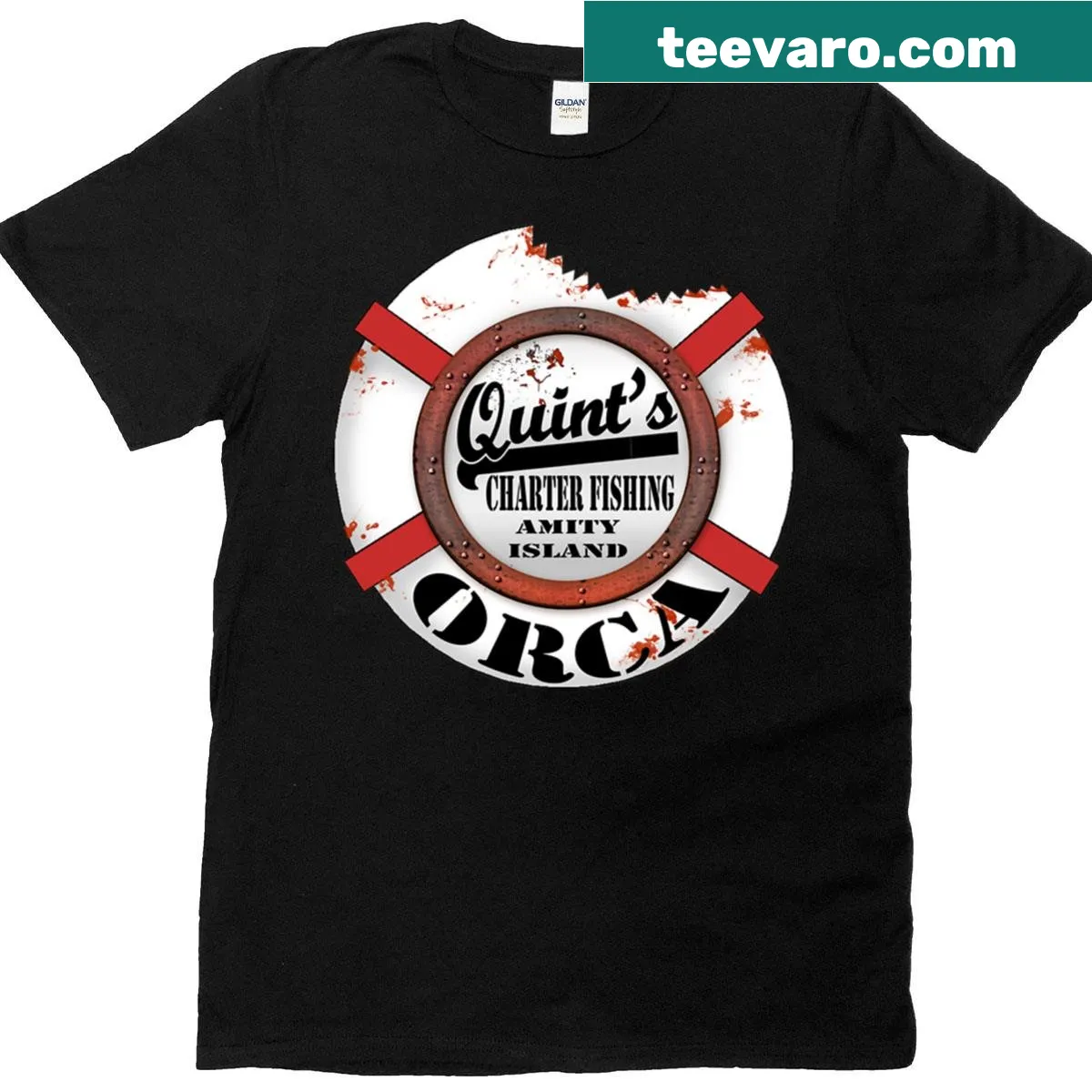 Illustration of Captain Quint's fishing charter on a t-shirt — on a men's t-shirt