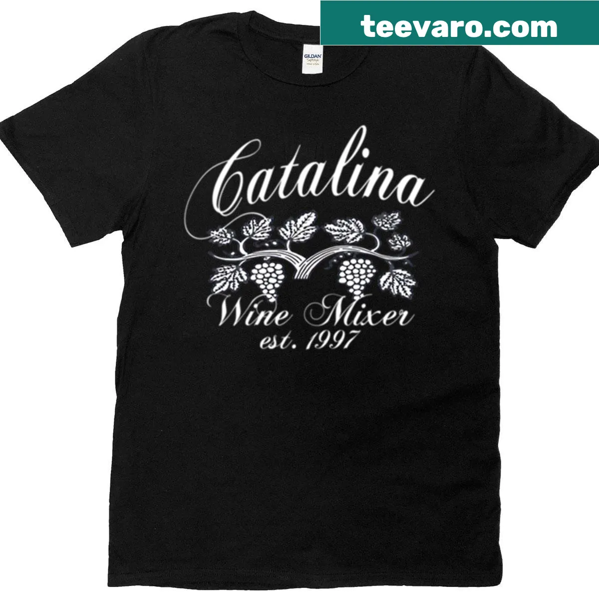 Catalina Wine Mixer pullover T-shirt with playful wine graphics — on a men's t-shirt