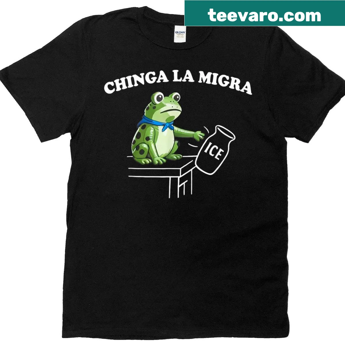 Humorous frog design with 'Chinga La Migra' text for immigration rights — on a men's t-shirt