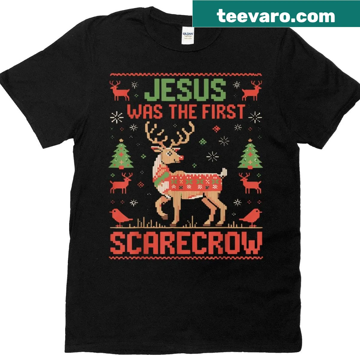 Whimsical Christmas design featuring Jesus as a scarecrow — on a men's t-shirt