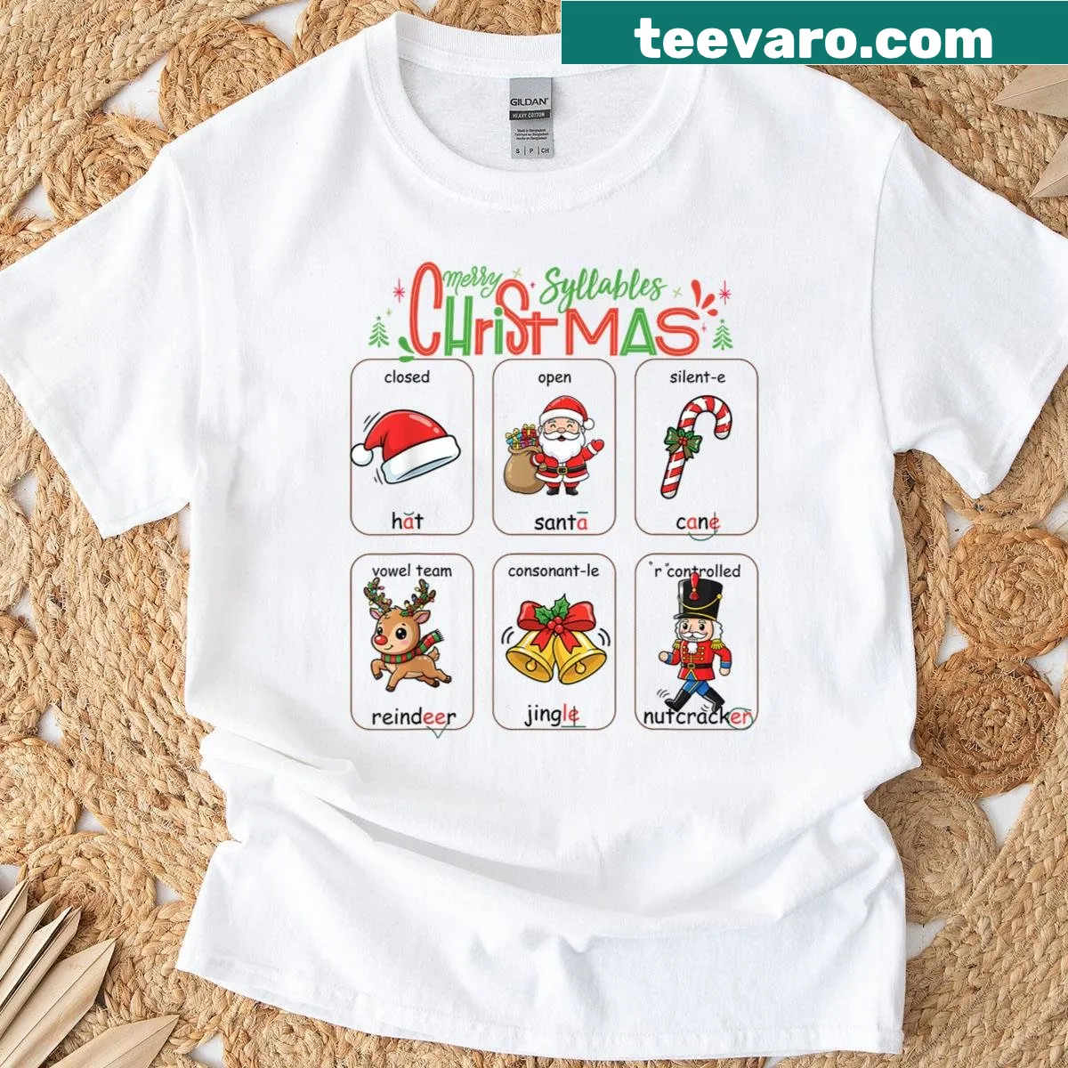 Christmas-themed phonetics t-shirt for teachers and kids — on a men's t-shirt