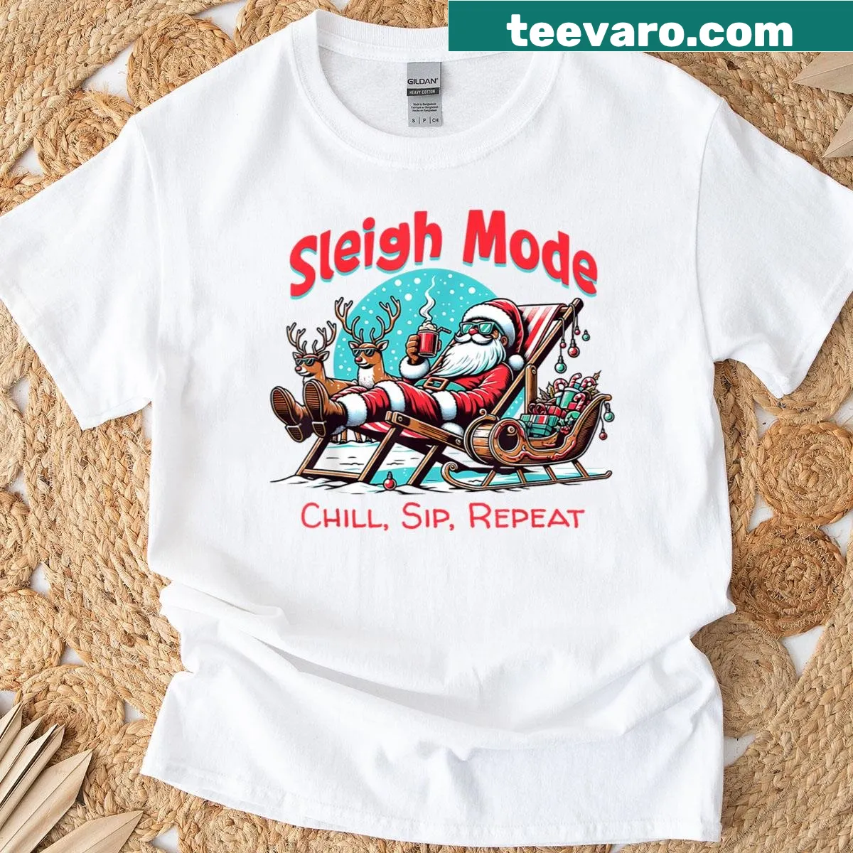 Christmas T-shirt with the phrase 'Sleigh Mode Chill Sip Repeat' in playful typography. — on a men's t-shirt