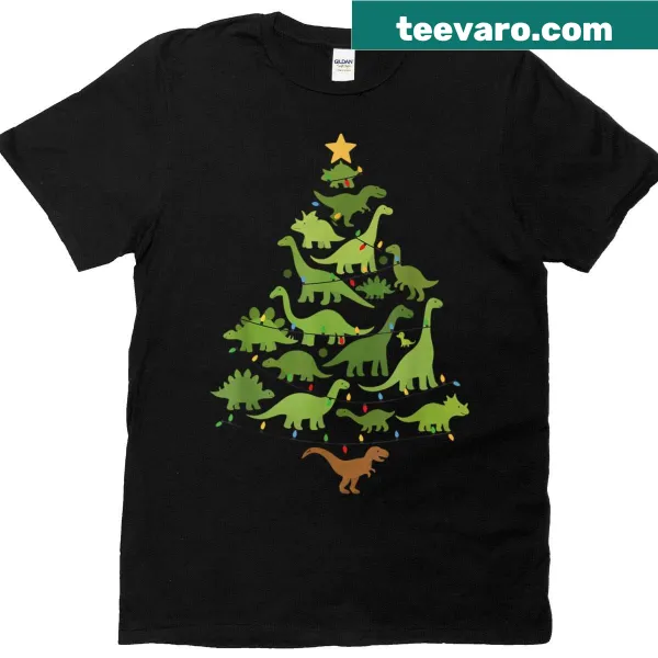 Christmas-themed T-shirt with T-rex dinosaur and ornaments