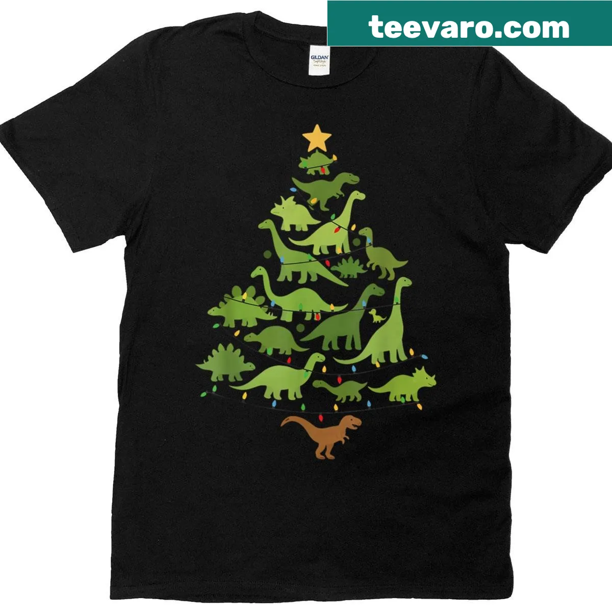 Christmas-themed T-shirt with T-rex dinosaur and ornaments — on a men's t-shirt