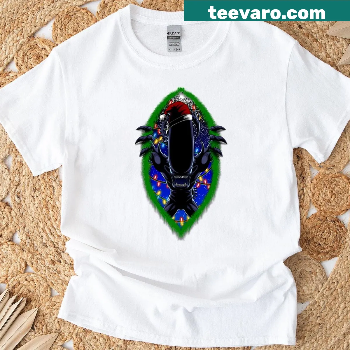Unique Christmas Xenomorph t-shirt with festive horror design — on a men's t-shirt