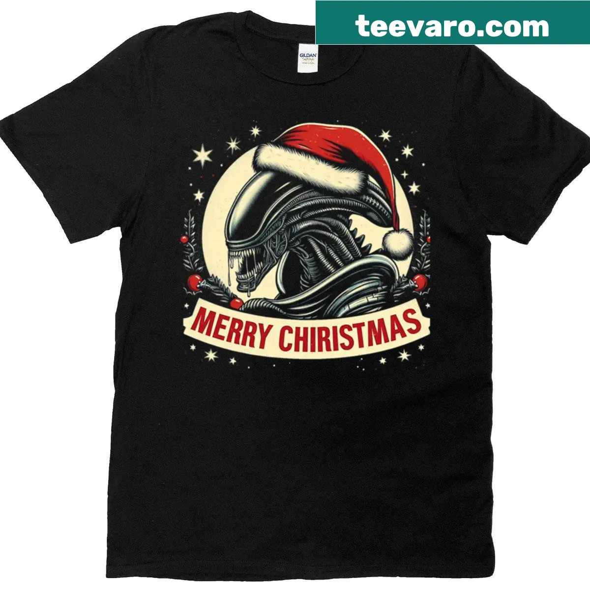 Xenomorph alien with UFO in a snowy Christmas scene graphic — on a men's t-shirt