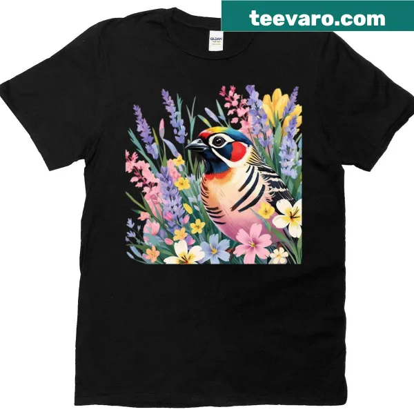 Colorful chubby zebra finch T-shirt surrounded by flowers