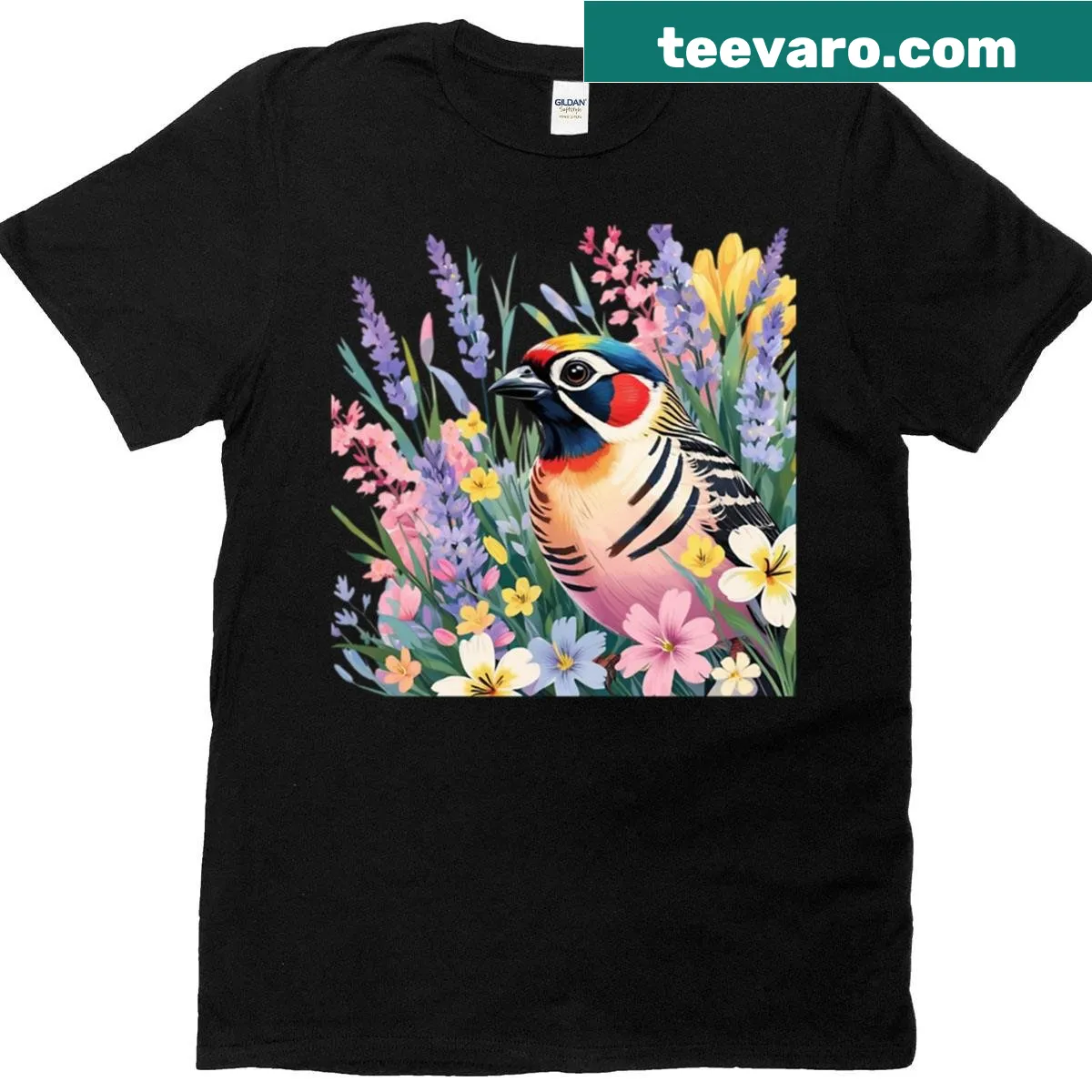 Colorful chubby zebra finch T-shirt surrounded by flowers — on a men's t-shirt