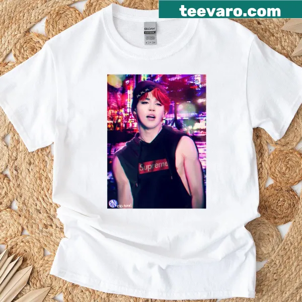 Illustrated cityscape design with Jimin's name on T-shirt