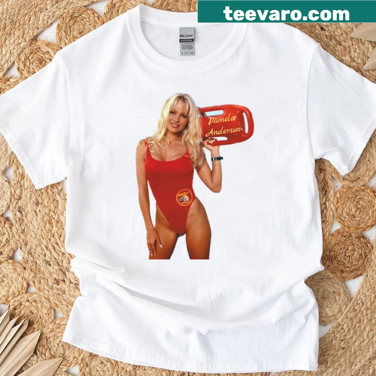 Humorous Pamela Anderson-themed t-shirt with playful text — on a men's t-shirt