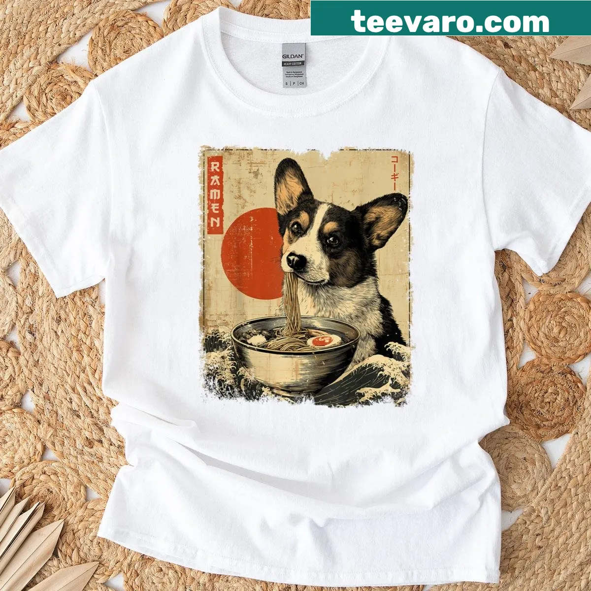 Adorable cartoon corgi enjoying ramen on a casual t-shirt — on a men's t-shirt