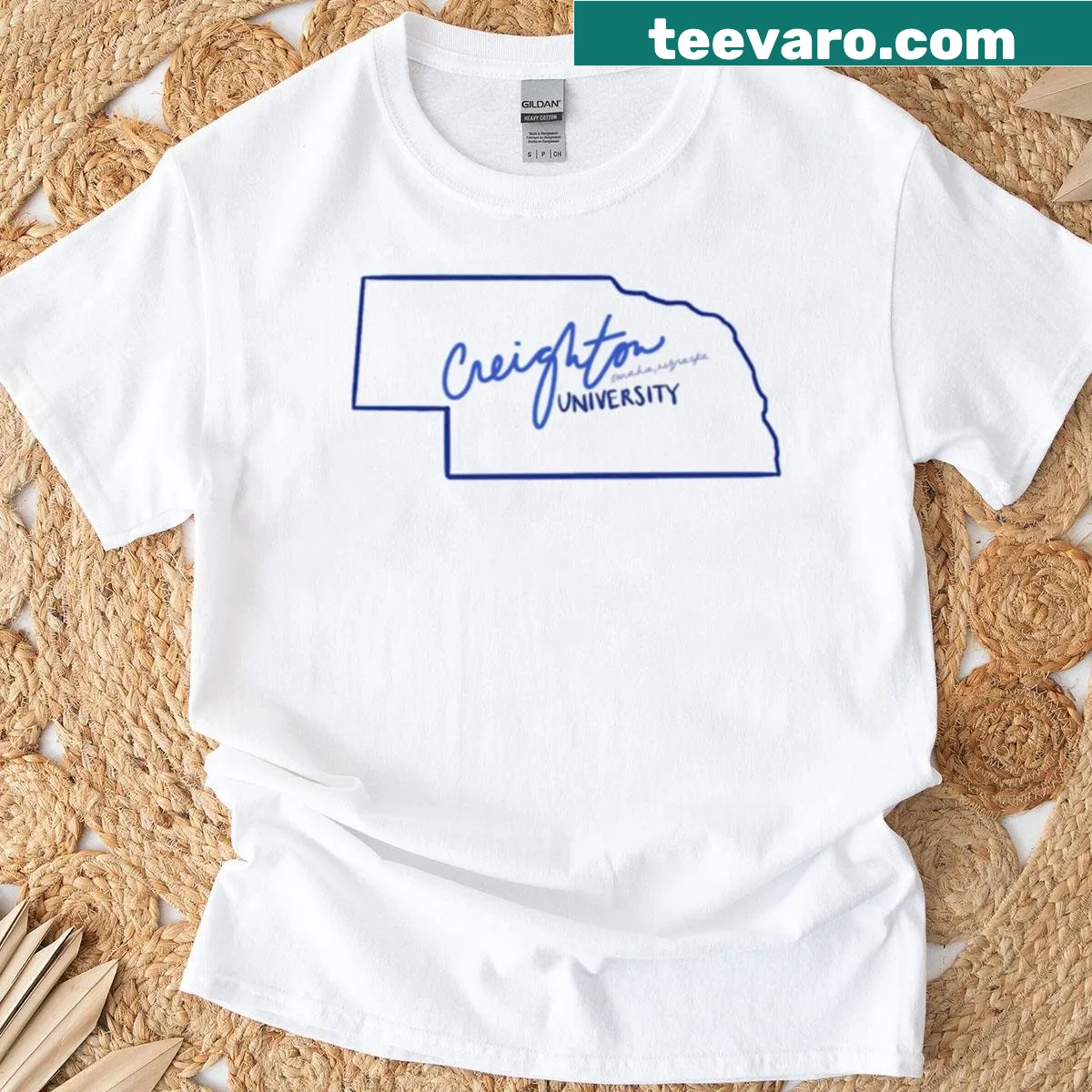 Nebraska silhouette design on Creighton University t-shirt — on a men's t-shirt