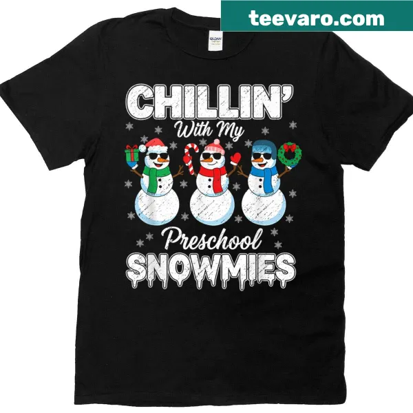 Cute Christmas teacher t-shirt with cartoon snowmen and playful text