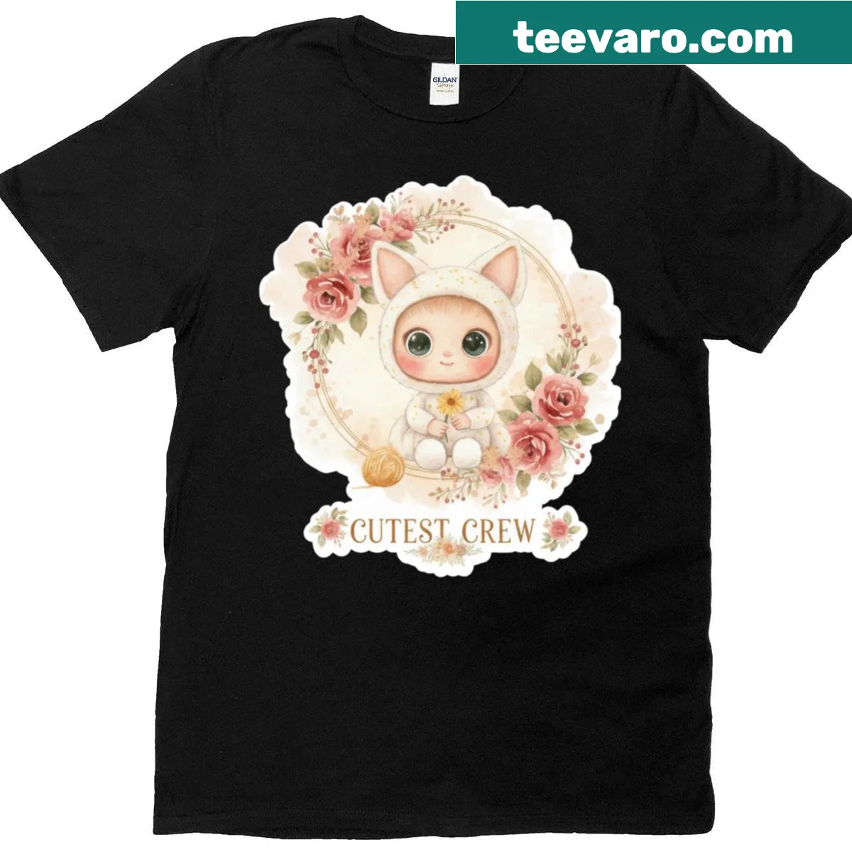 Whimsical t-shirt with a cute cat logo and playful floral design for kids. — on a men's t-shirt