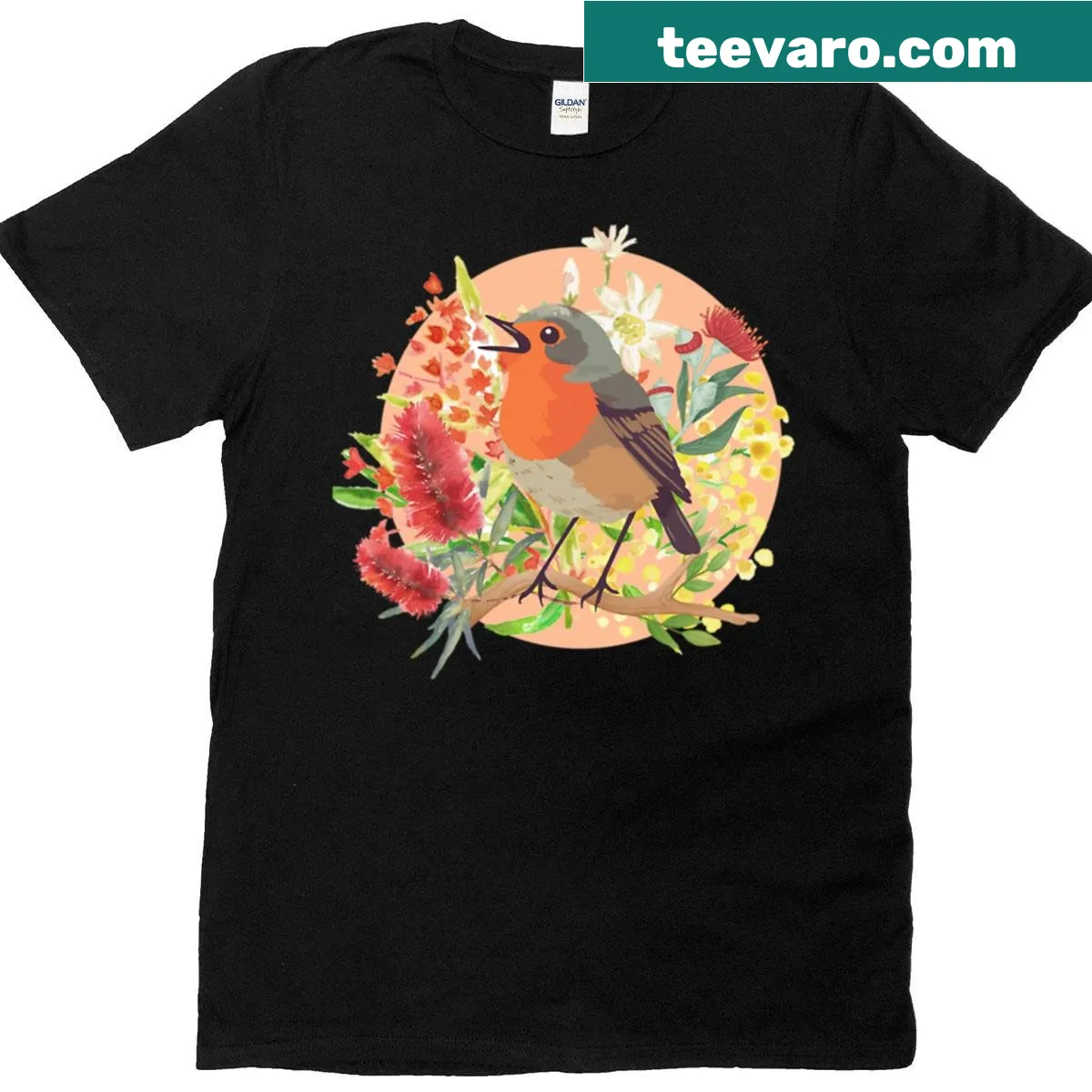 Illustration of a cute finch with flowers on a T-shirt — on a men's t-shirt