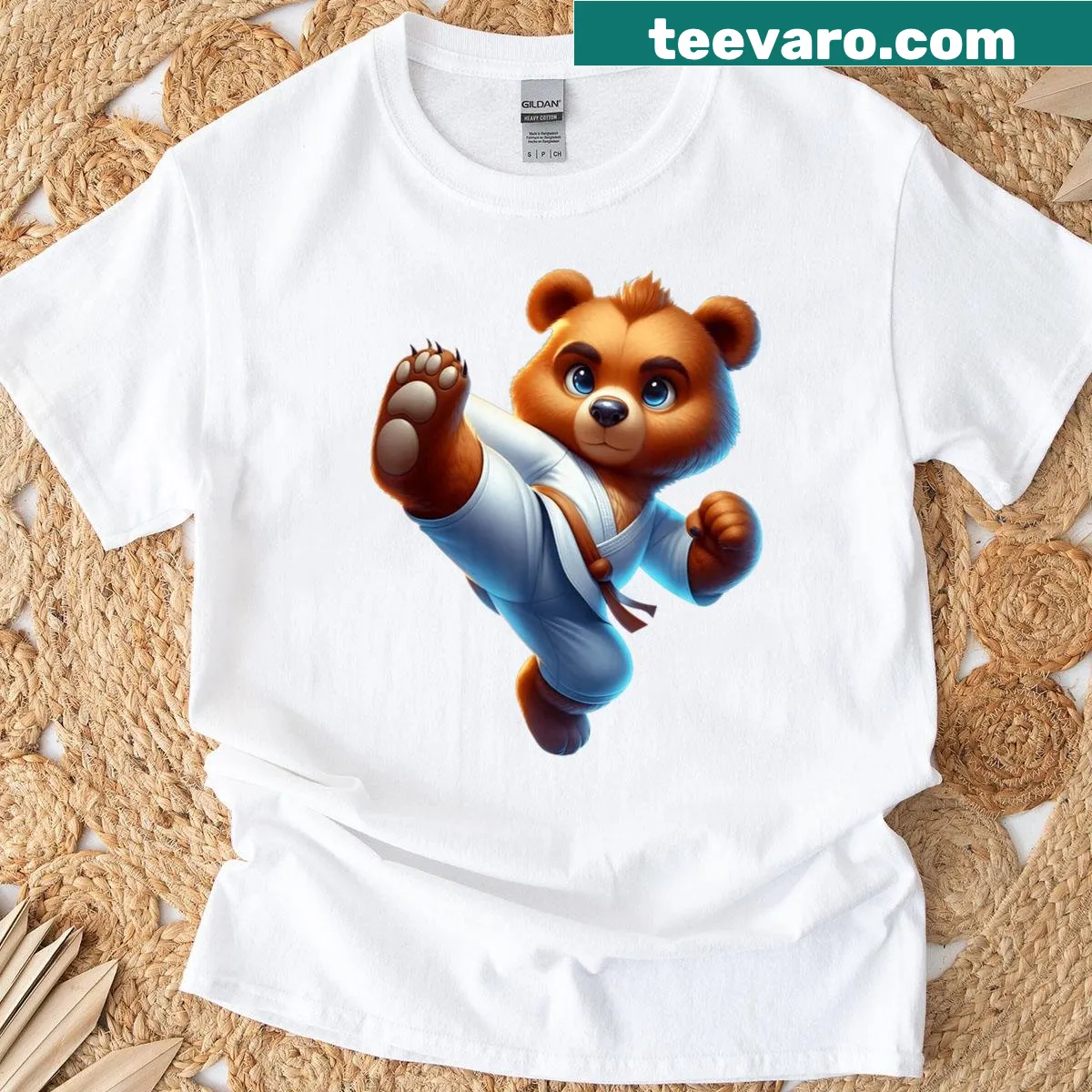 Cute bear in karate stance graphic on a T-shirt — on a men's t-shirt