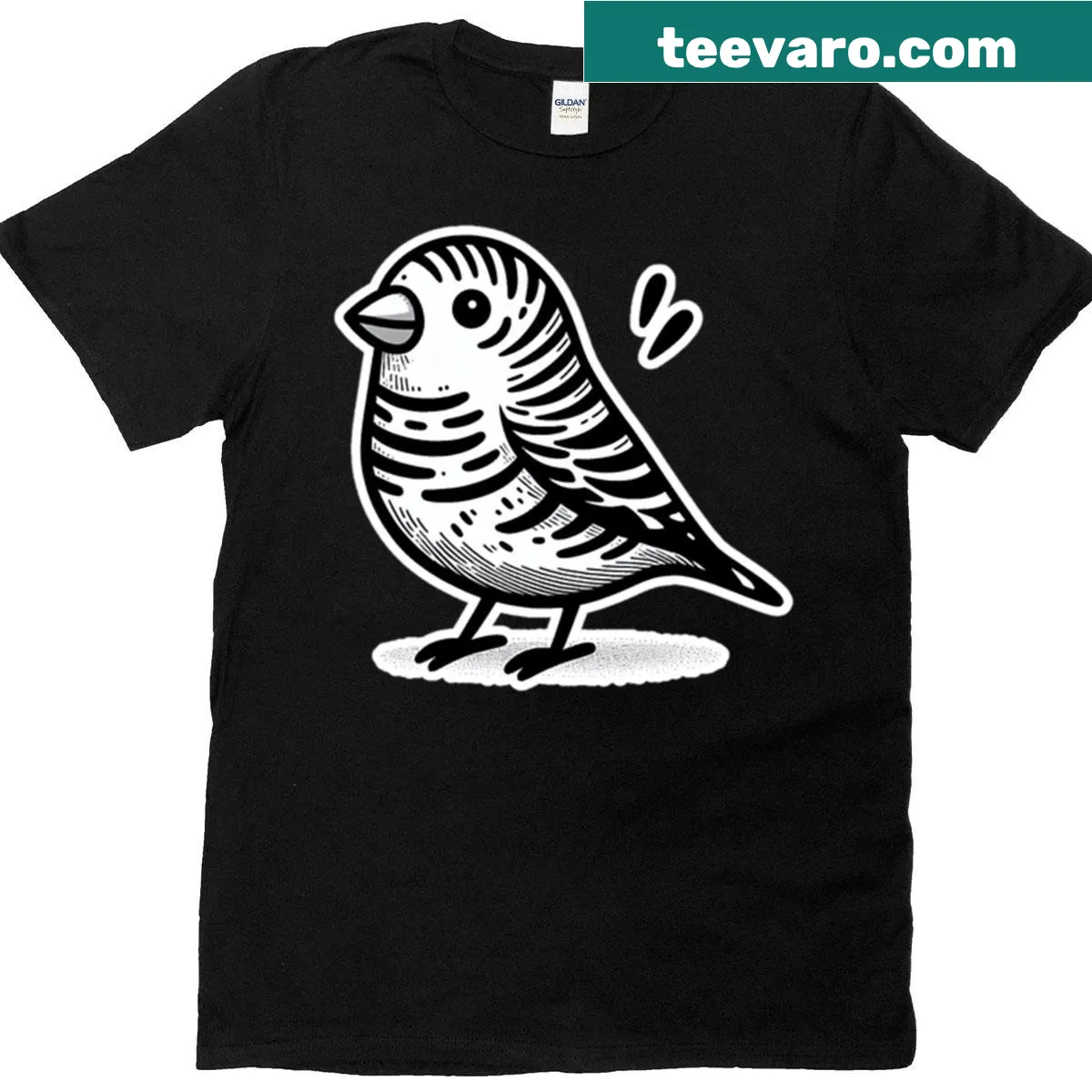 Illustrated zebra finch T-shirt with playful bird design — on a men's t-shirt