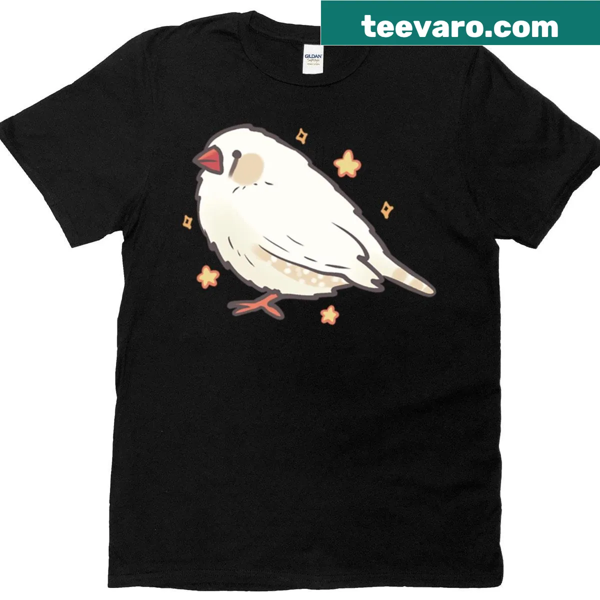 Illustrated white zebra finch T-shirt with charming bird design — on a men's t-shirt