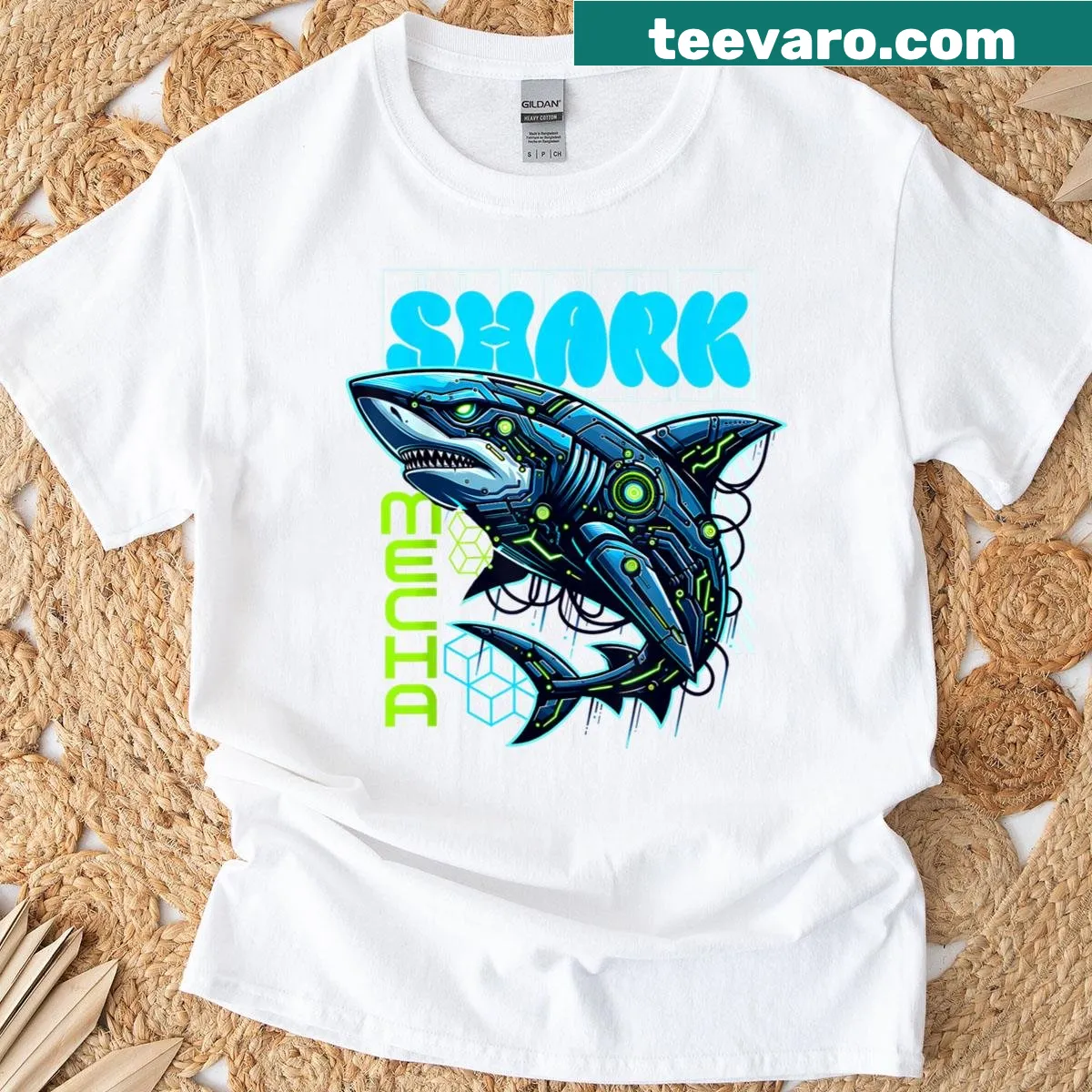 Cyborg shark graphic t-shirt showcasing a blend of technology and marine life — on a men's t-shirt