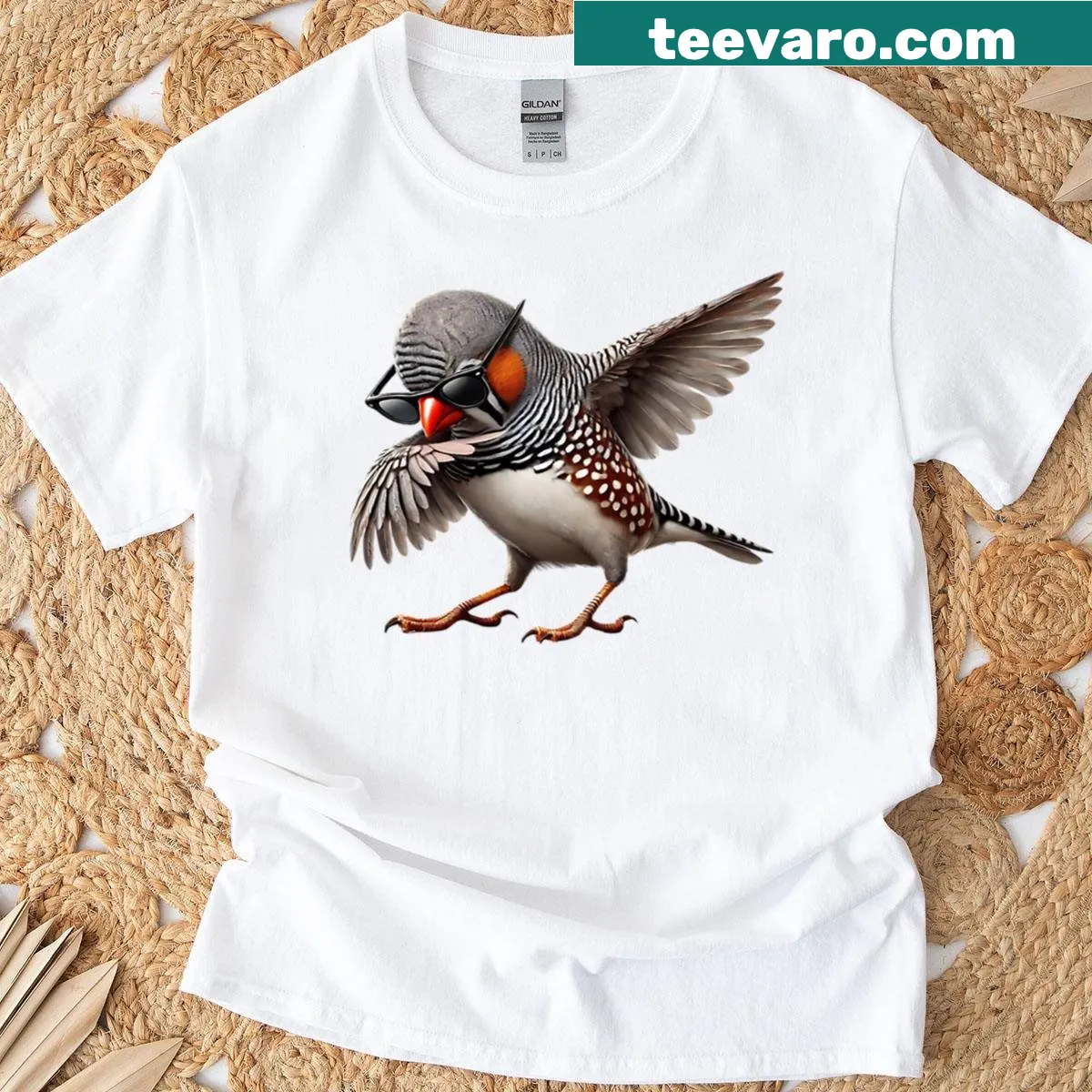 Cartoon dabbing zebra finch design on a T-shirt — on a men's t-shirt
