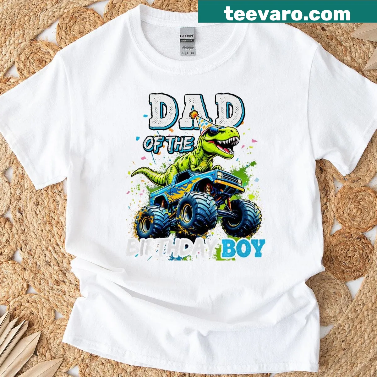 Dad birthday shirt with monster truck and dinosaur design. — on a men's t-shirt