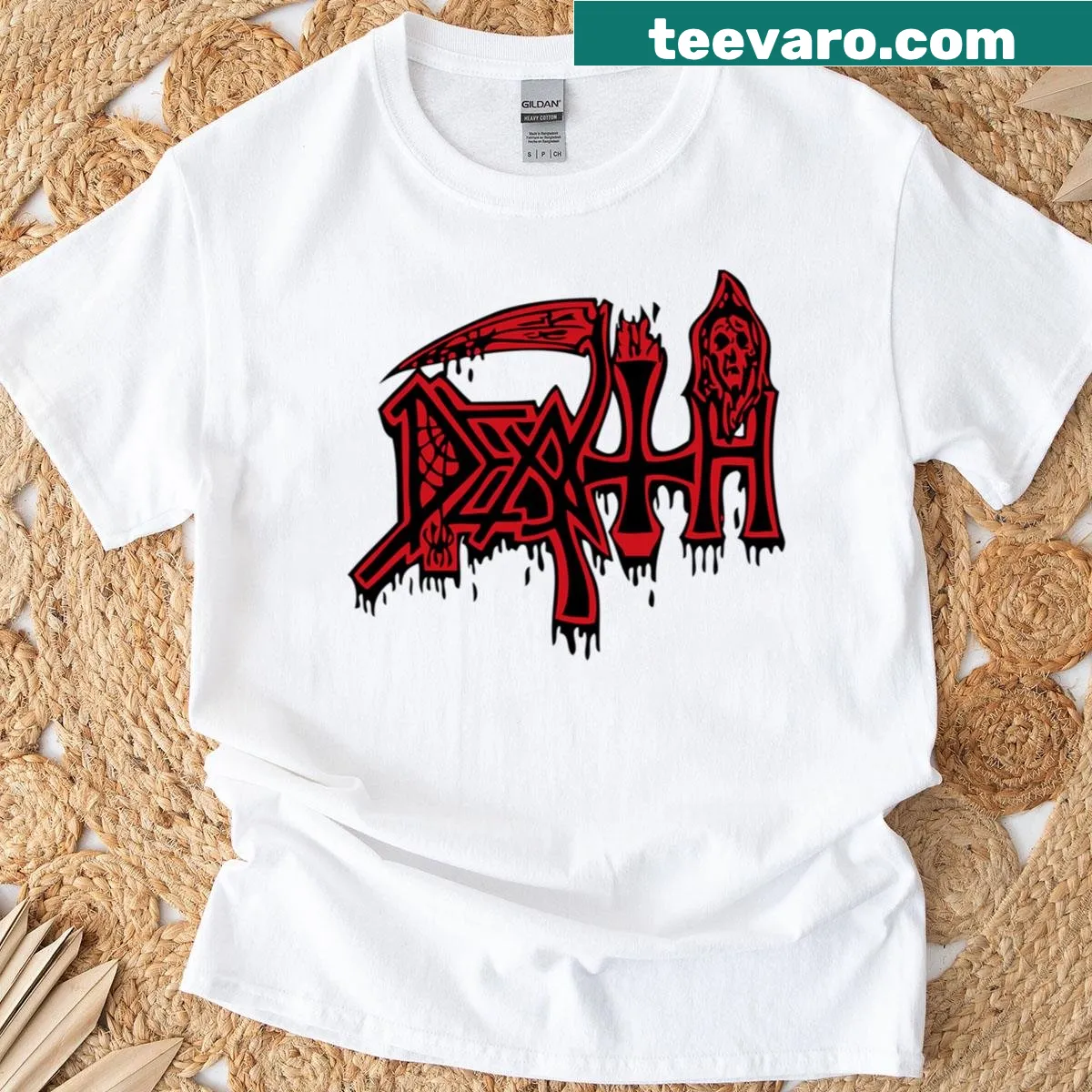 Death metal band logo graphic t-shirt — on a men's t-shirt
