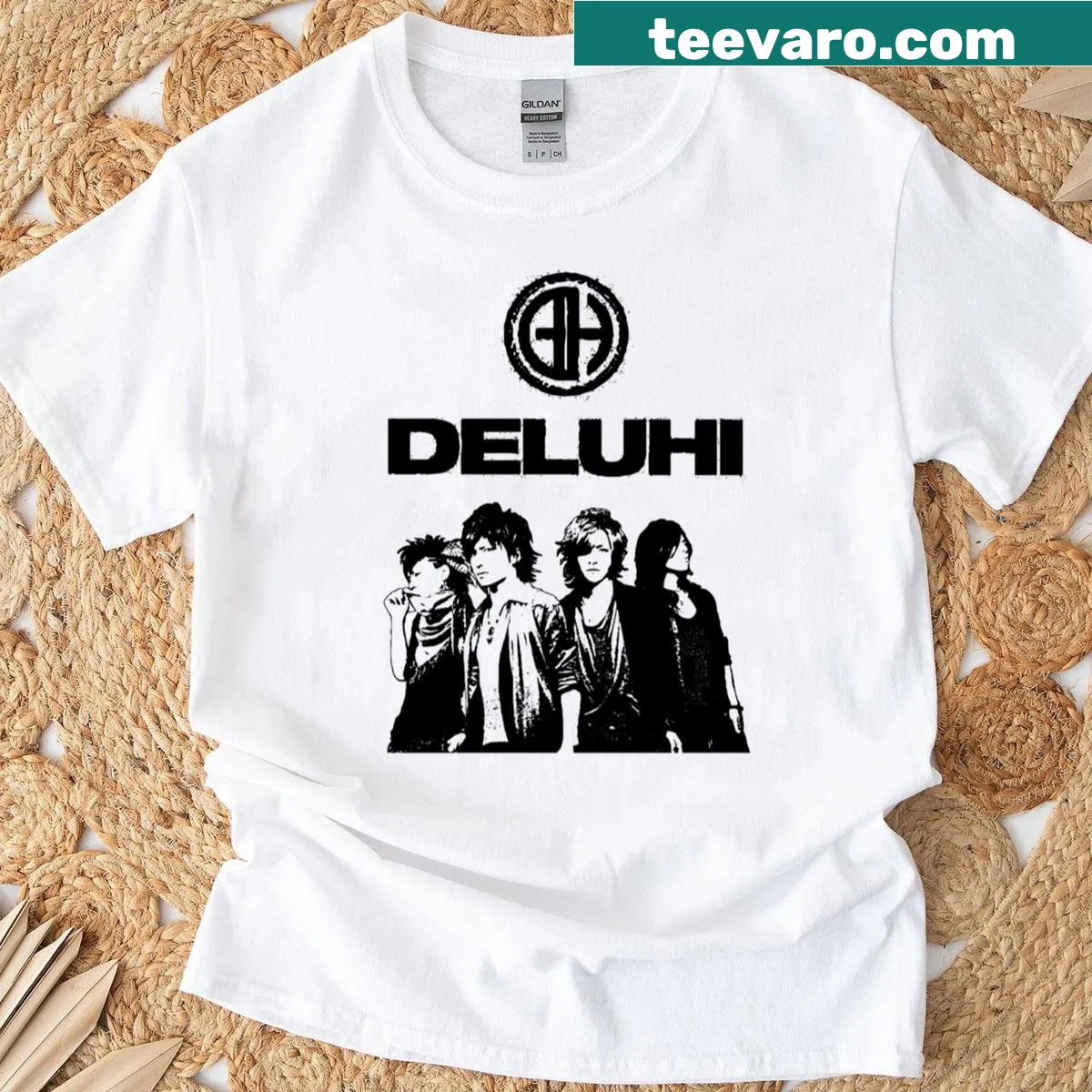 Deluhis band logo on black T-shirt — on a men's t-shirt