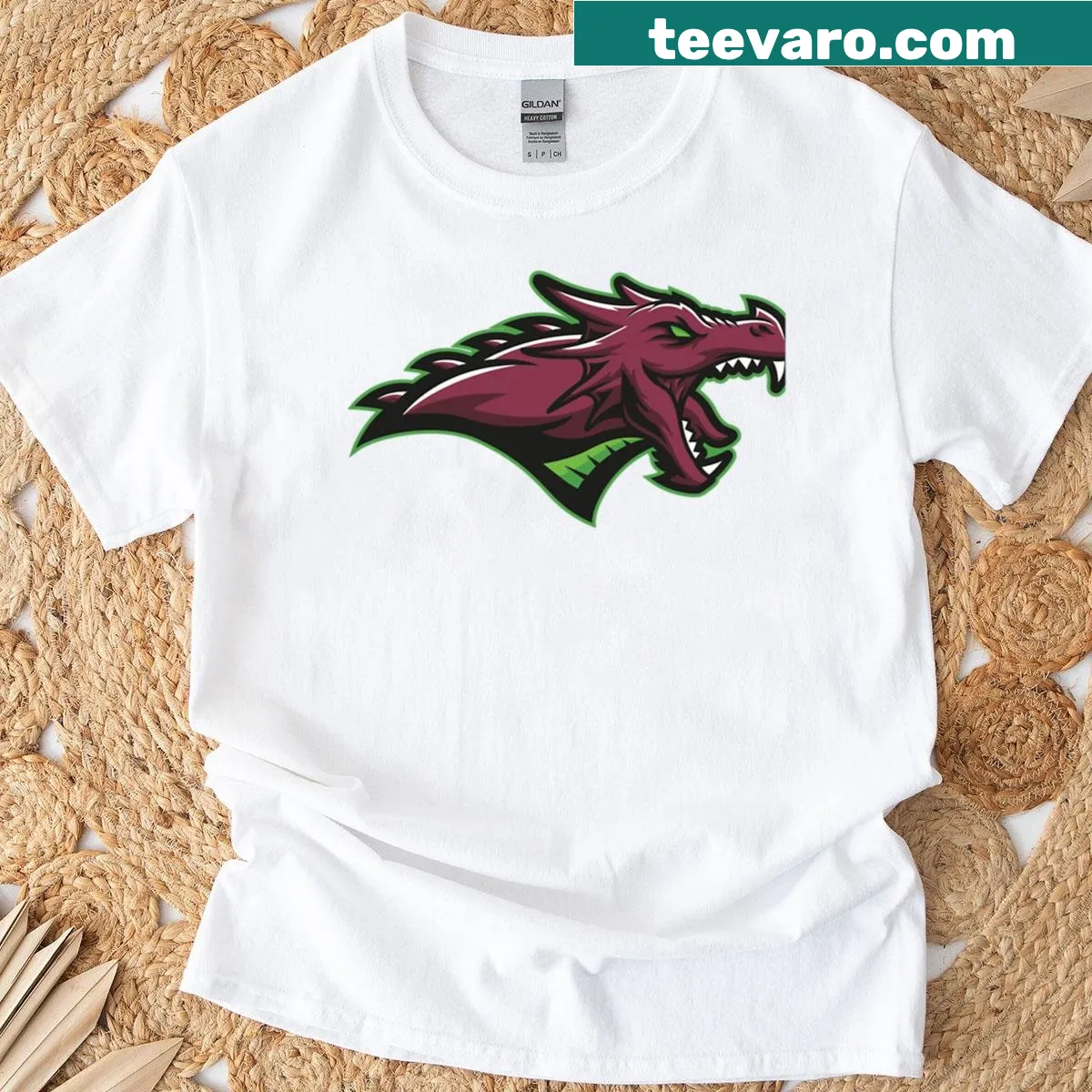 T-shirt featuring a dragon emblem and knight symbol — on a men's t-shirt