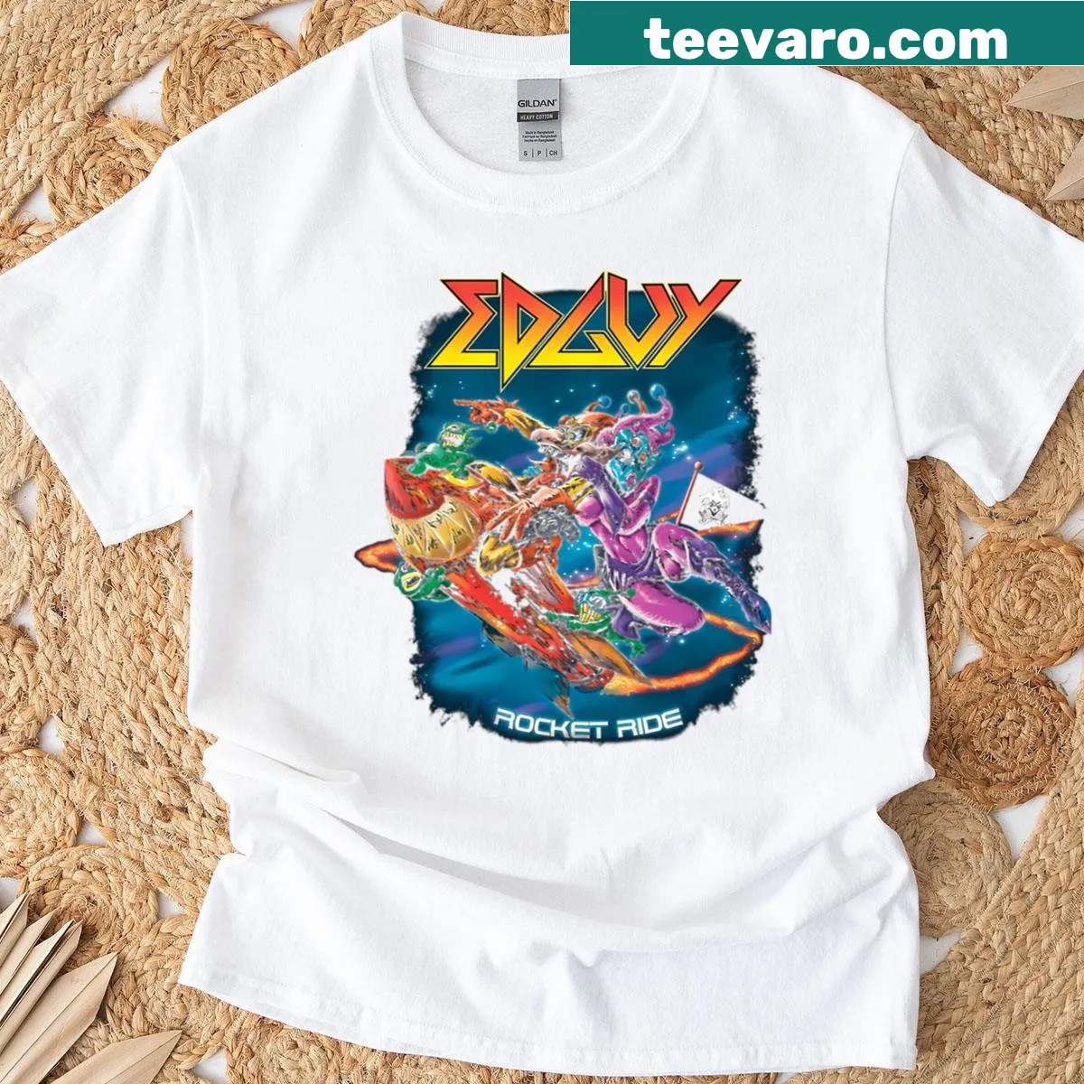 Vintage-style Edguy band shirt featuring distressed logo — on a men's t-shirt