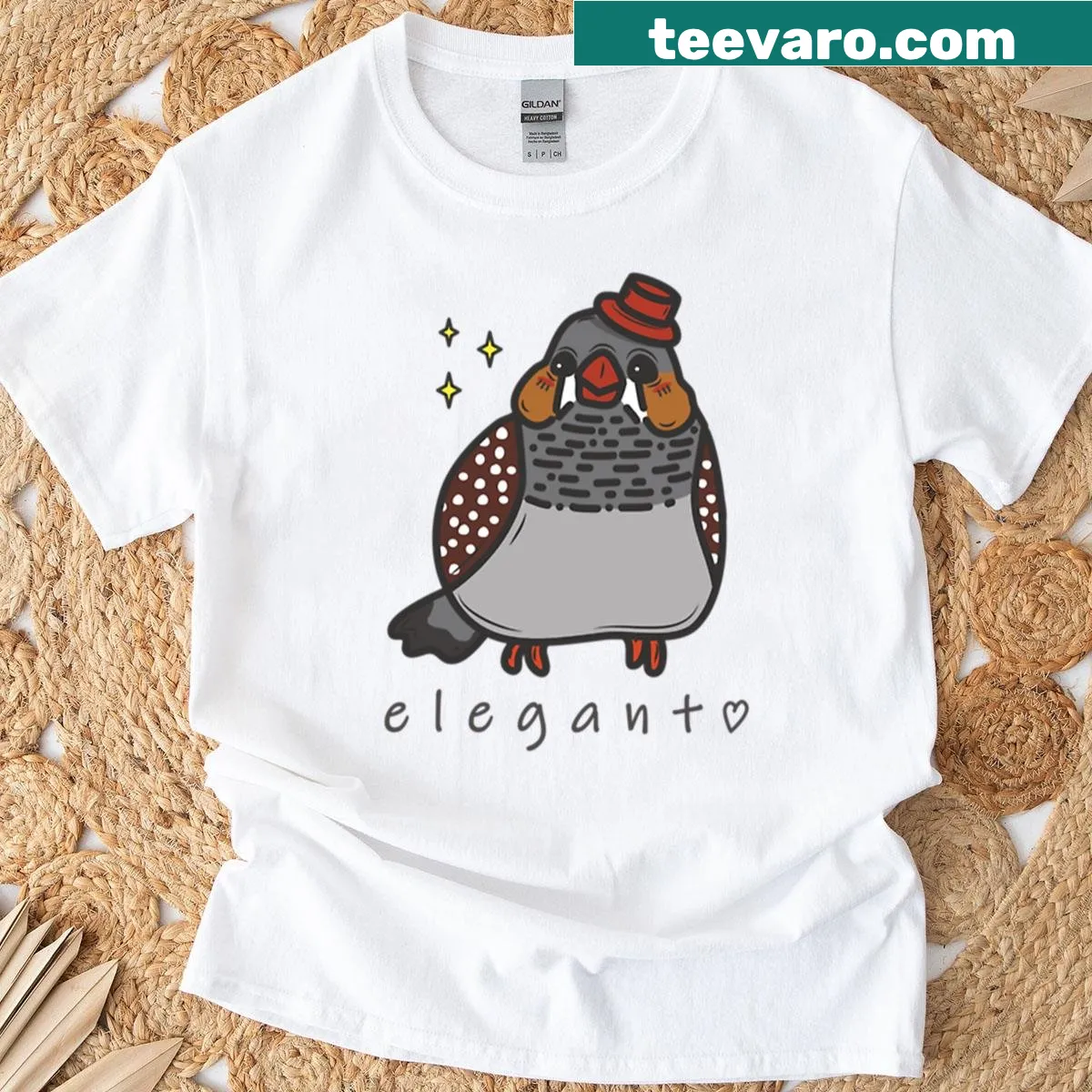 Illustrated T-shirt featuring a zebra finch — on a men's t-shirt