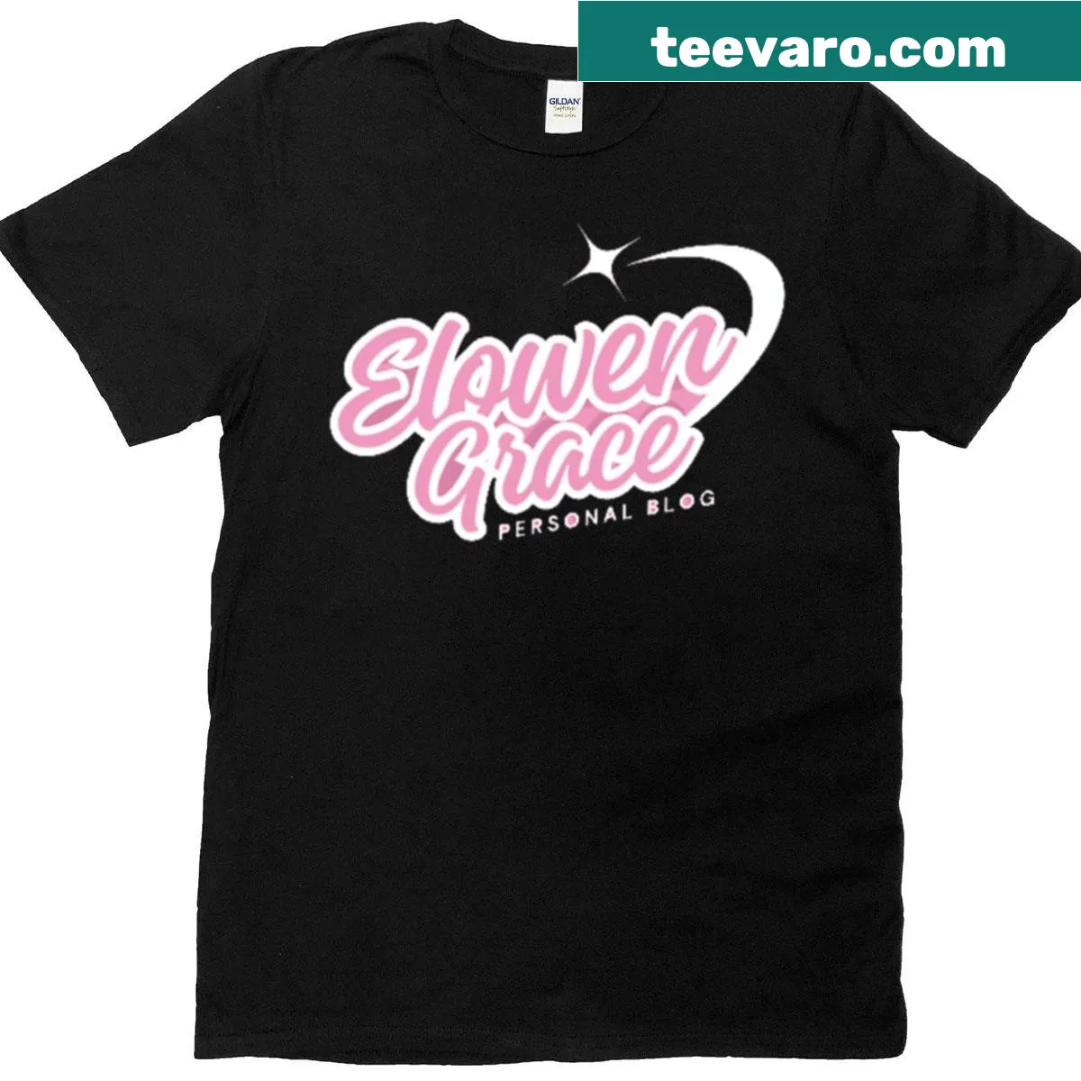 Stylish Elowen Grace logo in pink script font with star graphic — on a men's t-shirt