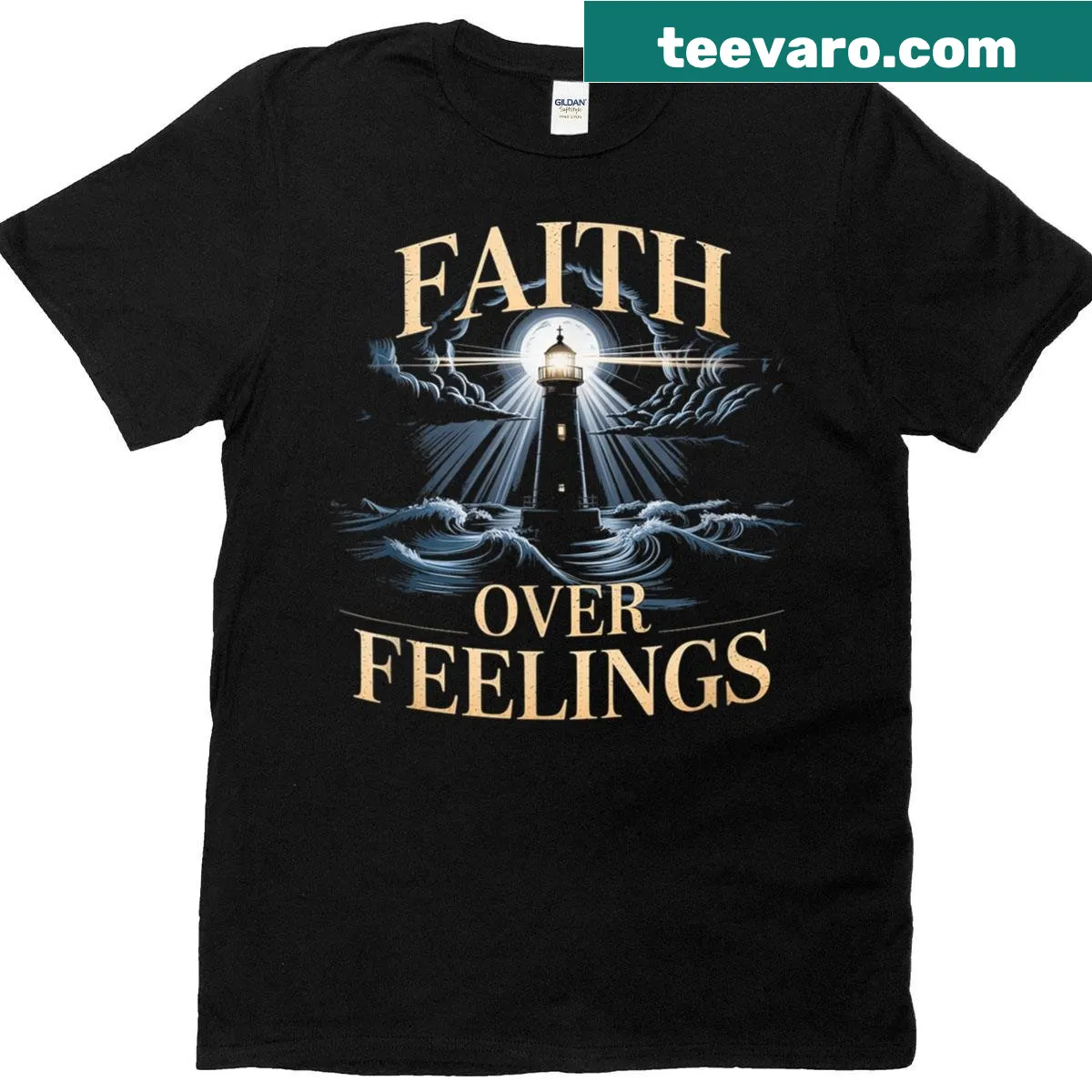 Christian T-shirt with a message of faith over feelings. — on a men's t-shirt