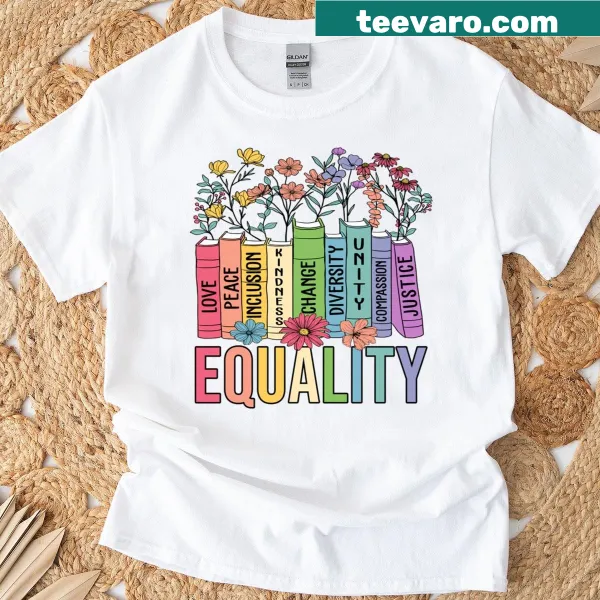 Inspirational T-shirt featuring the words love, peace, kindness, unity, and justice