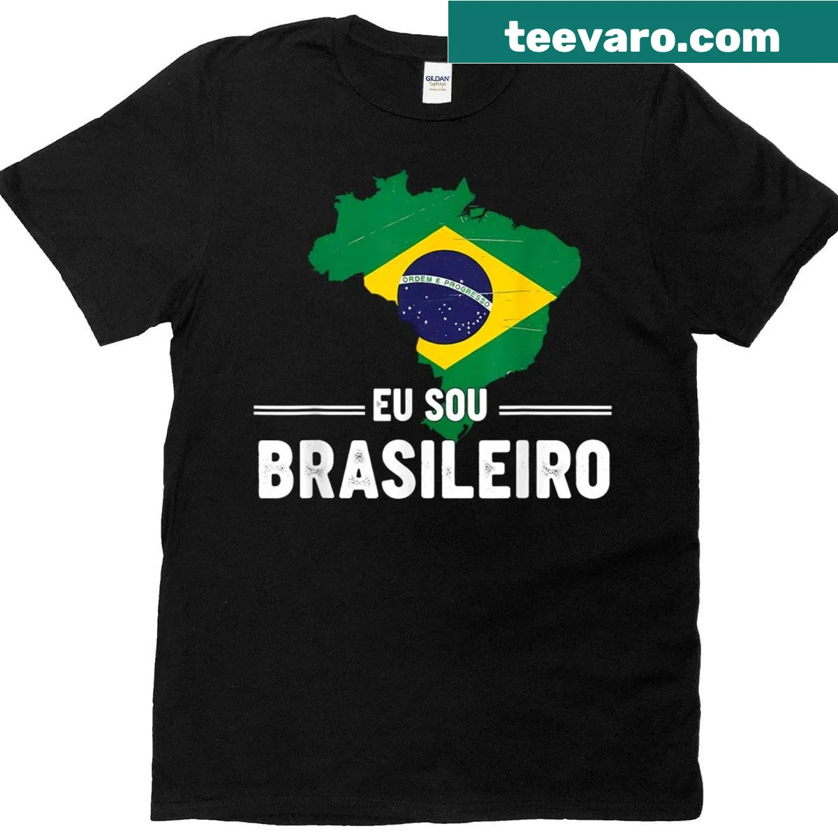 T-shirt featuring Brazil map and flag with the phrase 'Eu Sou Brasileiro' — on a men's t-shirt
