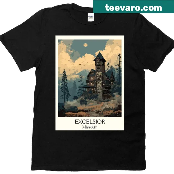 Vintage poster design of Excelsior Springs hotel on a T-shirt