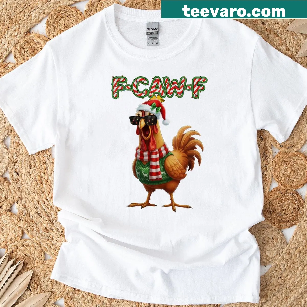 Funny Christmas rooster T-shirt with humorous text — on a men's t-shirt