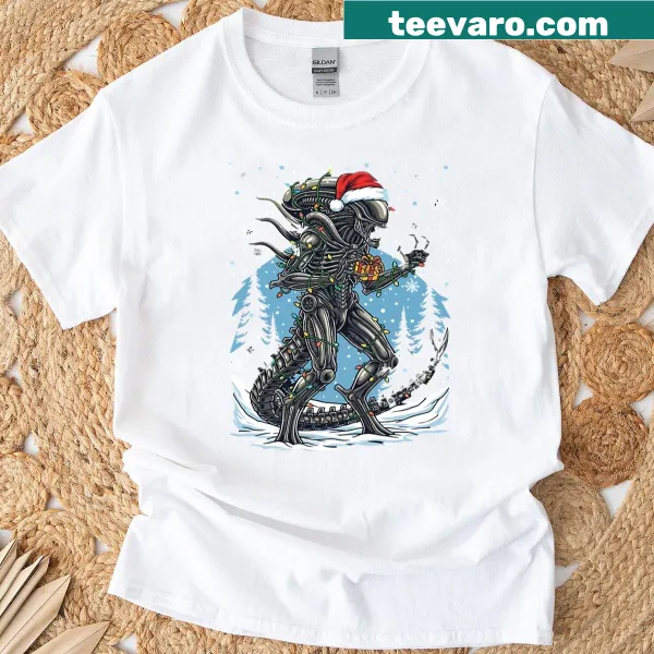 Xenomorph in Santa hat with holiday lights illustration