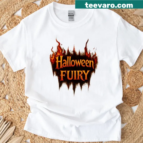Halloween-themed T-shirt featuring fiery text design