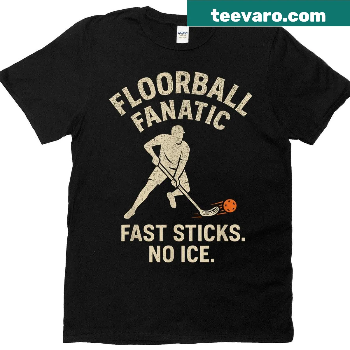 Playful T-shirt featuring fast sticks design for floorball fans. — on a men's t-shirt