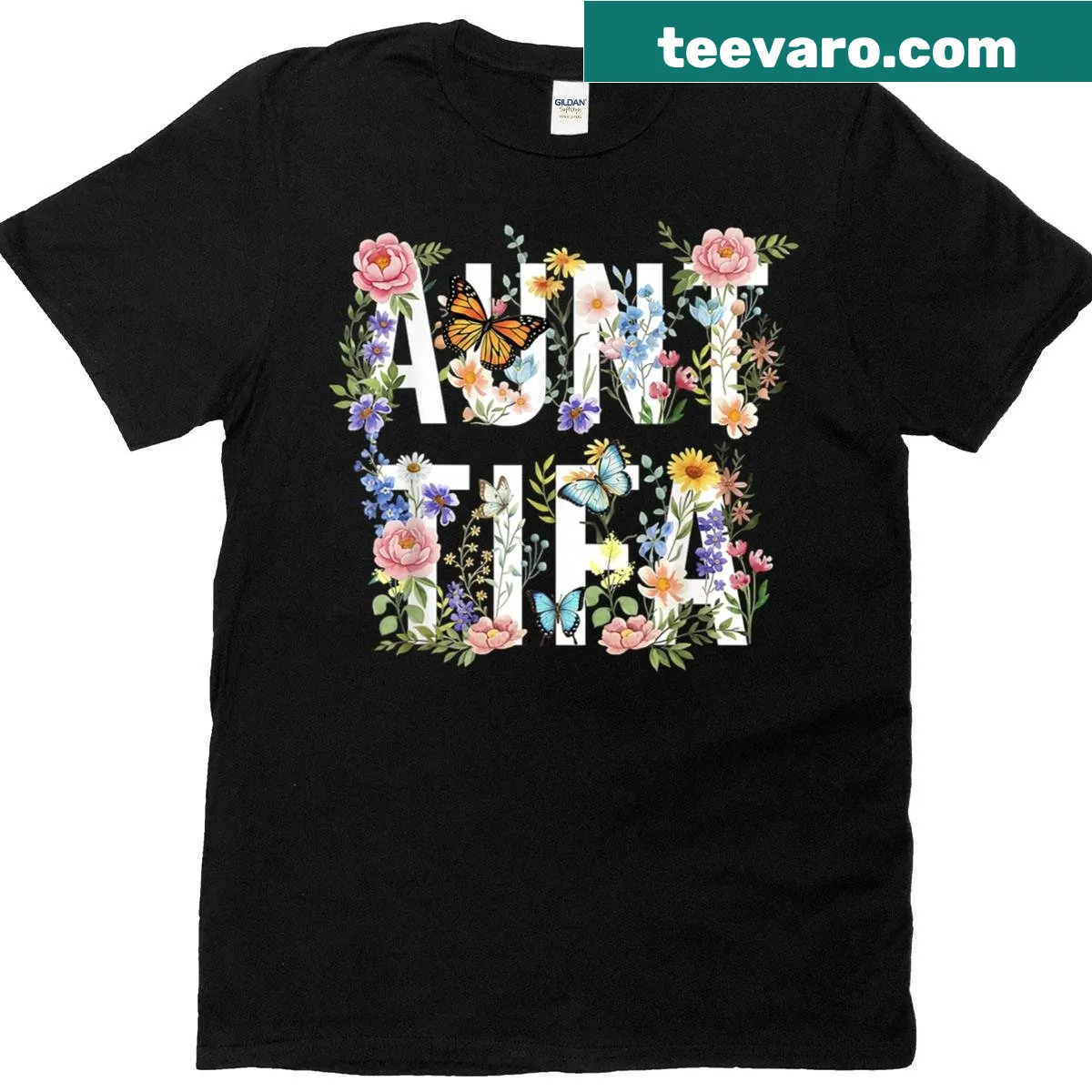 Floral typography Aunt Tifa anti-fascism T-shirt — on a men's t-shirt