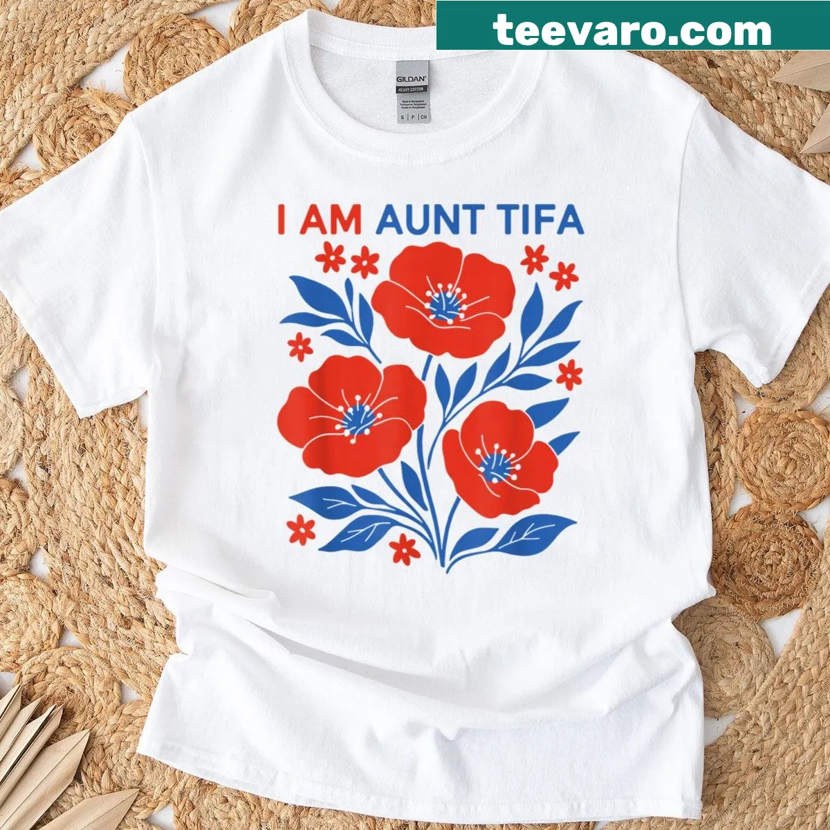 Floral design with the phrase 'I Am Aunt Tifa' on a T-shirt — on a men's t-shirt