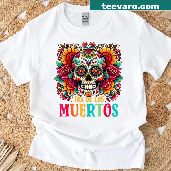 Sugar skull shirt with floral designs for Dia De Los Muertos
