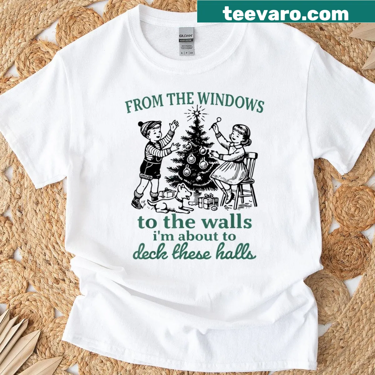 Festive shirt with humorous Christmas decorating phrase — on a men's t-shirt