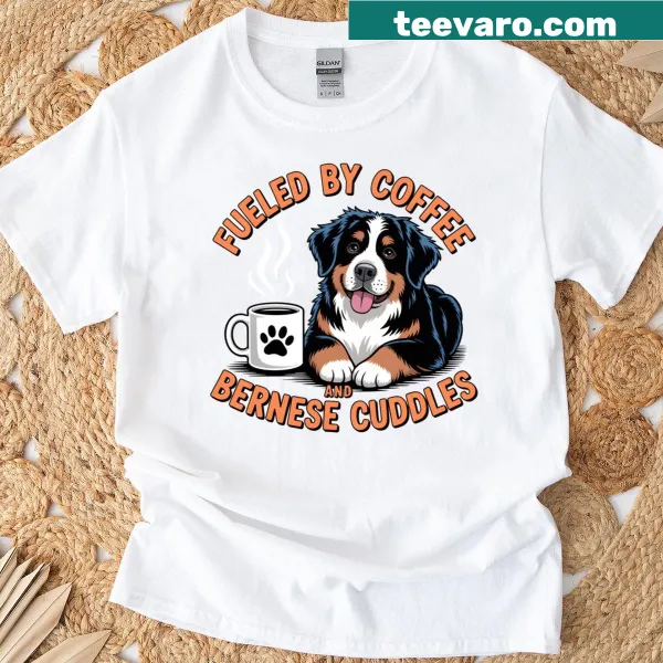 Illustration of a Bernese Mountain Dog with coffee for T-shirt