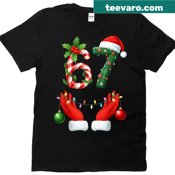 Matching Christmas T-shirt featuring the '67' meme with playful typography.