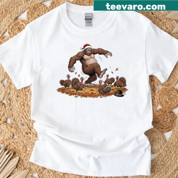 Funny Bigfoot stomping on a turkey graphic for Thanksgiving on a T-shirt.
