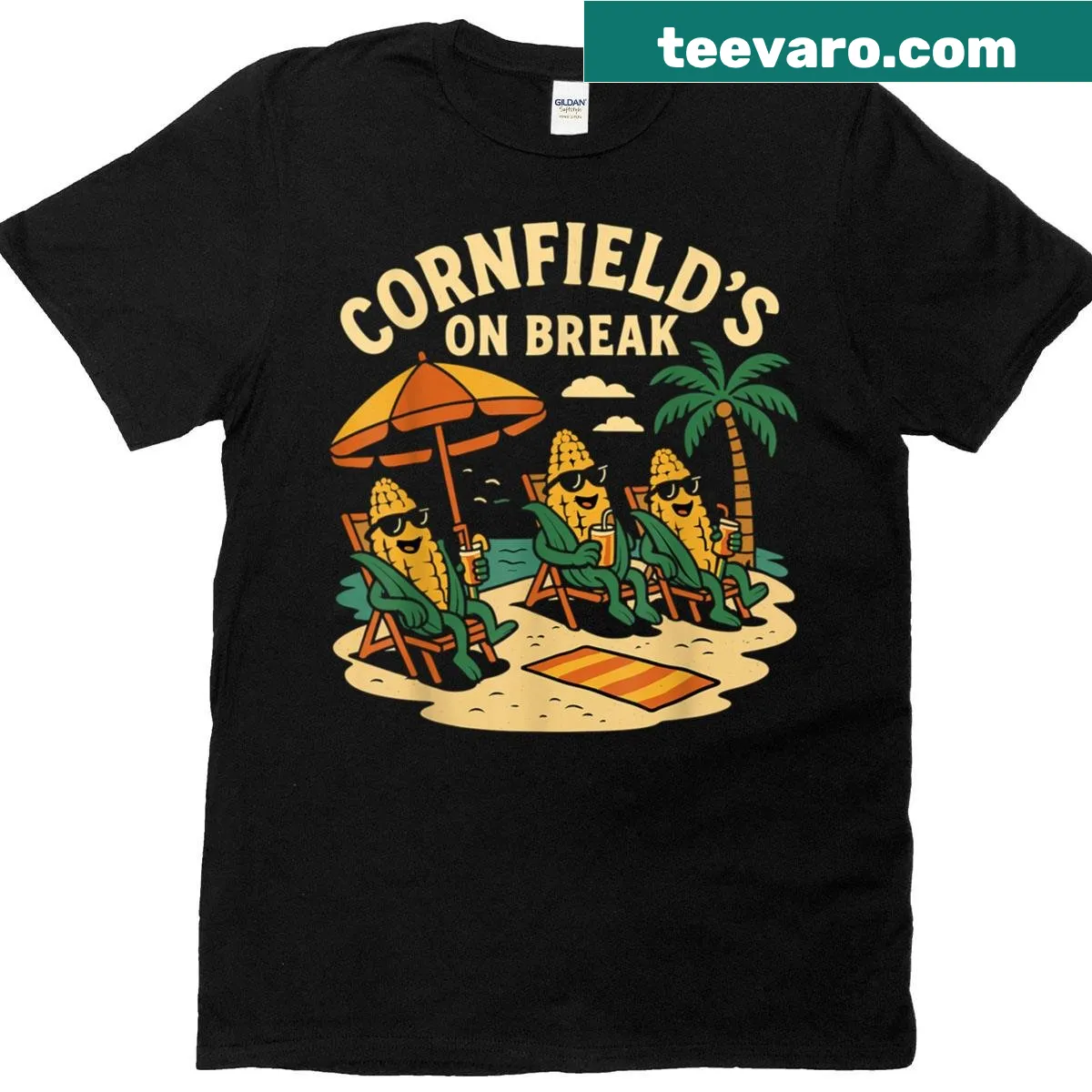 Funny Thanksgiving T-shirt with cornfields taking a break illustration — on a men's t-shirt