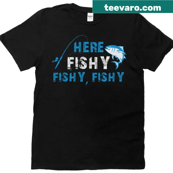 Funny fishing t-shirt featuring the phrase 'Herefishyfishyfishy'